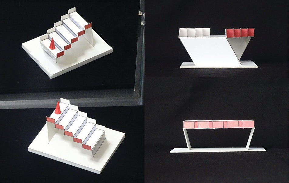 A 3D model of Schrder’s Stairs. A red cone appears on the top step, but switches to the bottom step in a mirror reflection.