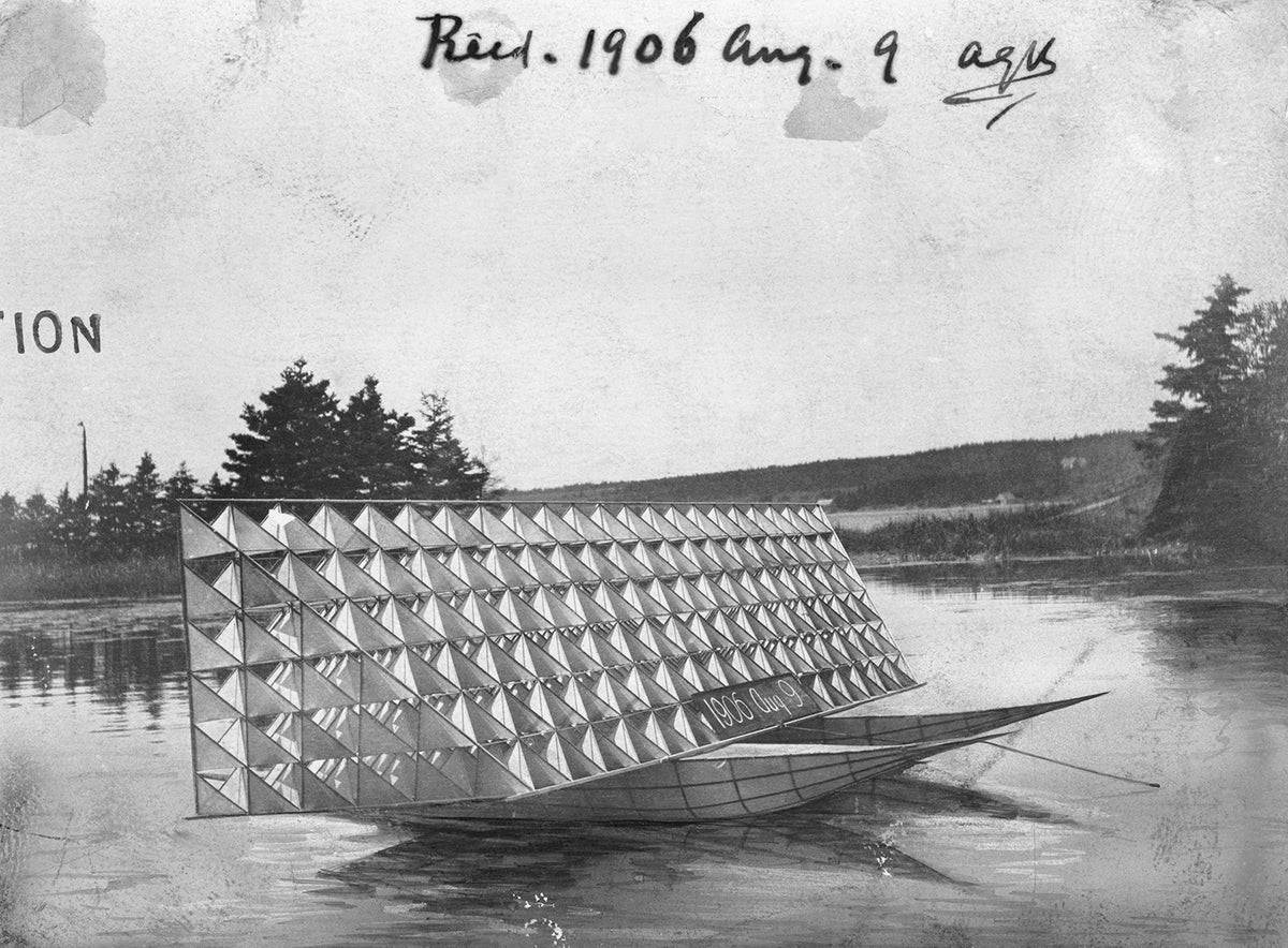 One of Bell’s tetrahedral kites, towed on water