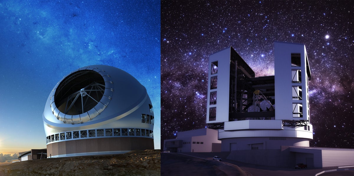 Renders of the Thirty Meter Telescope (left) and the Giant Magellan Telescope (right)