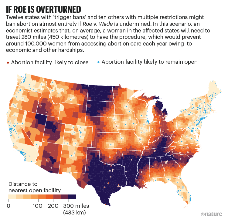 Abortion clinics available in the United States if Roe was overturned (map).