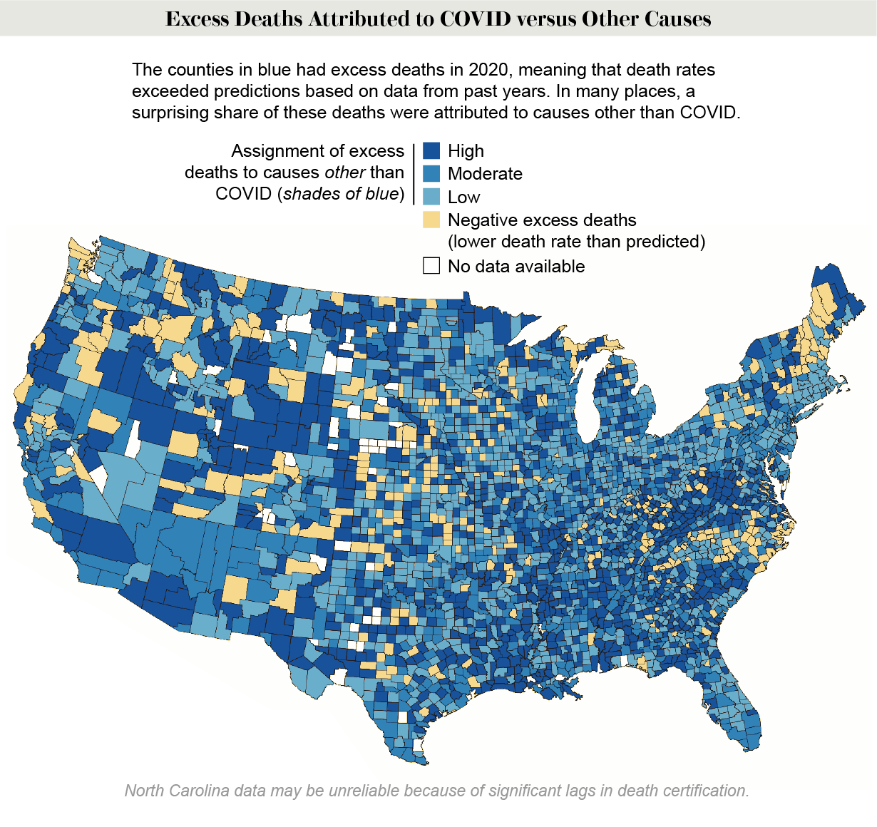 Map shows rates of excess deaths attributed to COVID versus other causes in 2020 in 3,109 U.S. counties.