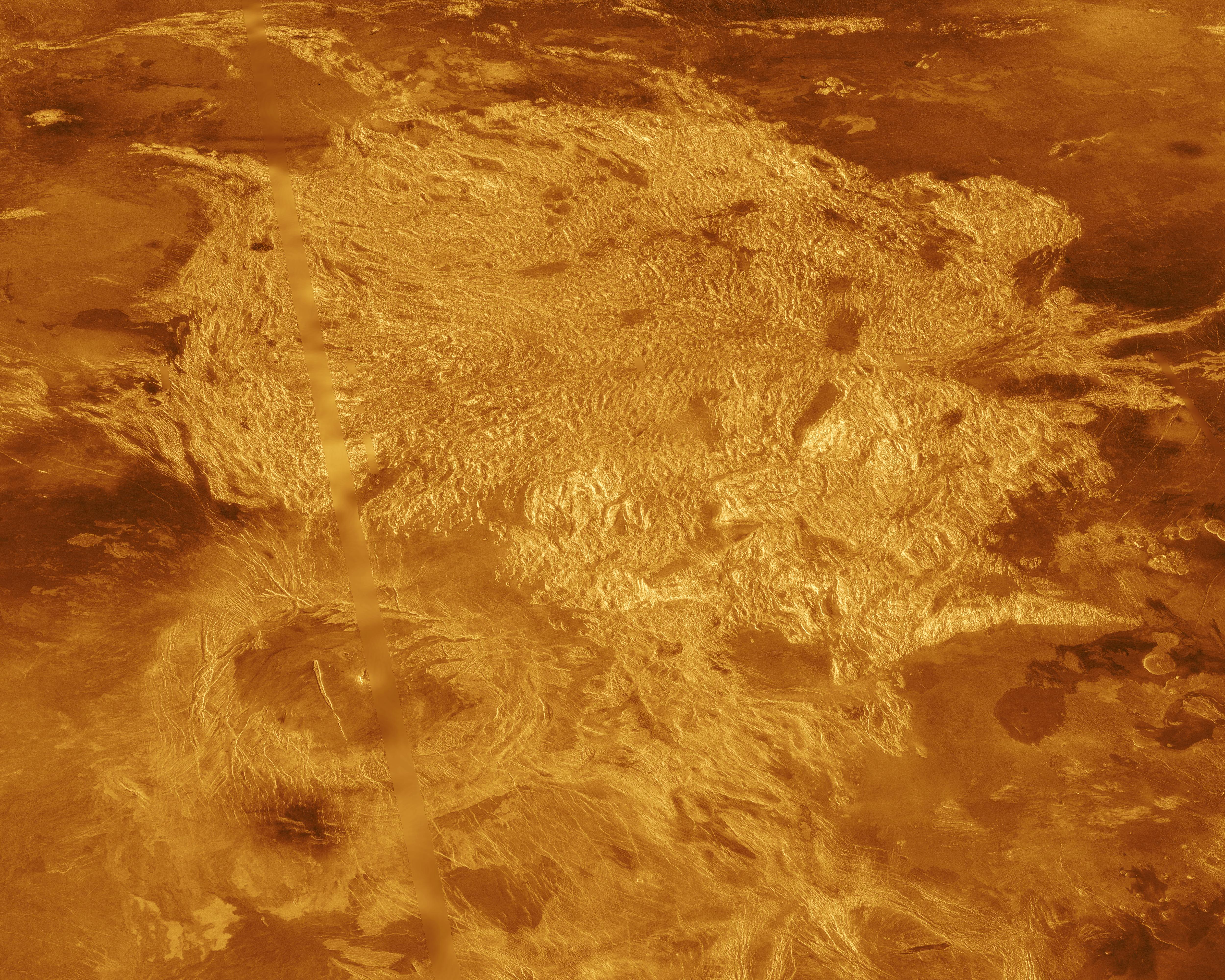 A view of the mountainous terrain of Venus’s Alpha Regio region.
