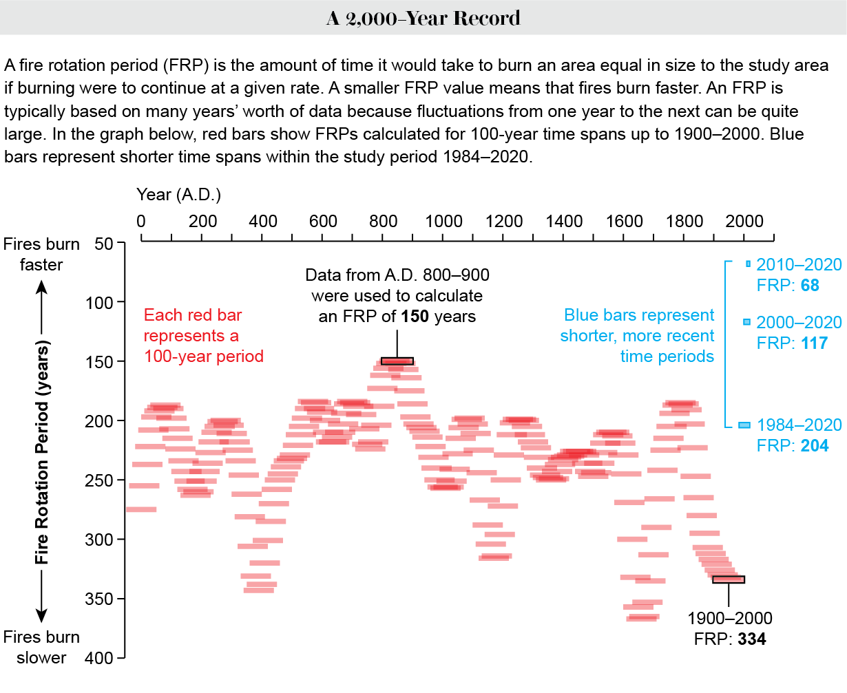 Graph shows fire rotation periods for 100-year intervals between 50 B.C. and 2000, plus FRPs based on data from 1984 to 2020.