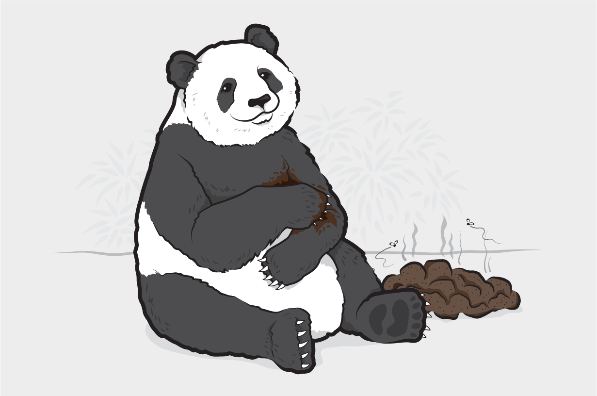 A panda sitting next to a pile of horse dung happily rubs some of the manure onto its fur.