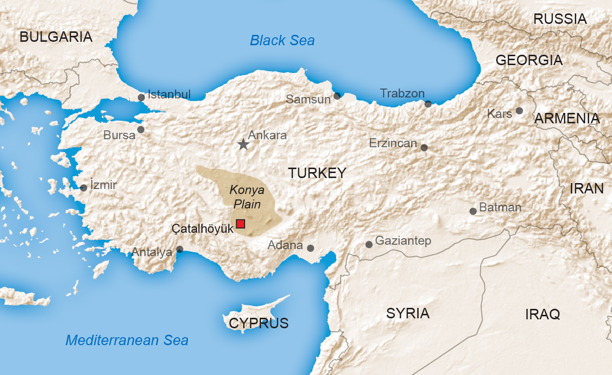 Map of Turkey and surrounding countries highlights locations of Konya Plain and atalhyk.