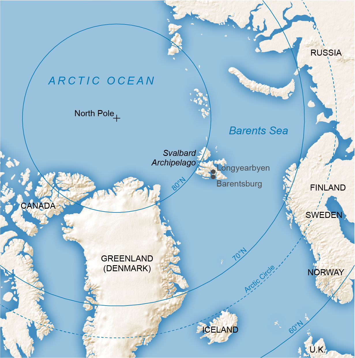 Map shows the location of Longyearbyen, Svalbard.