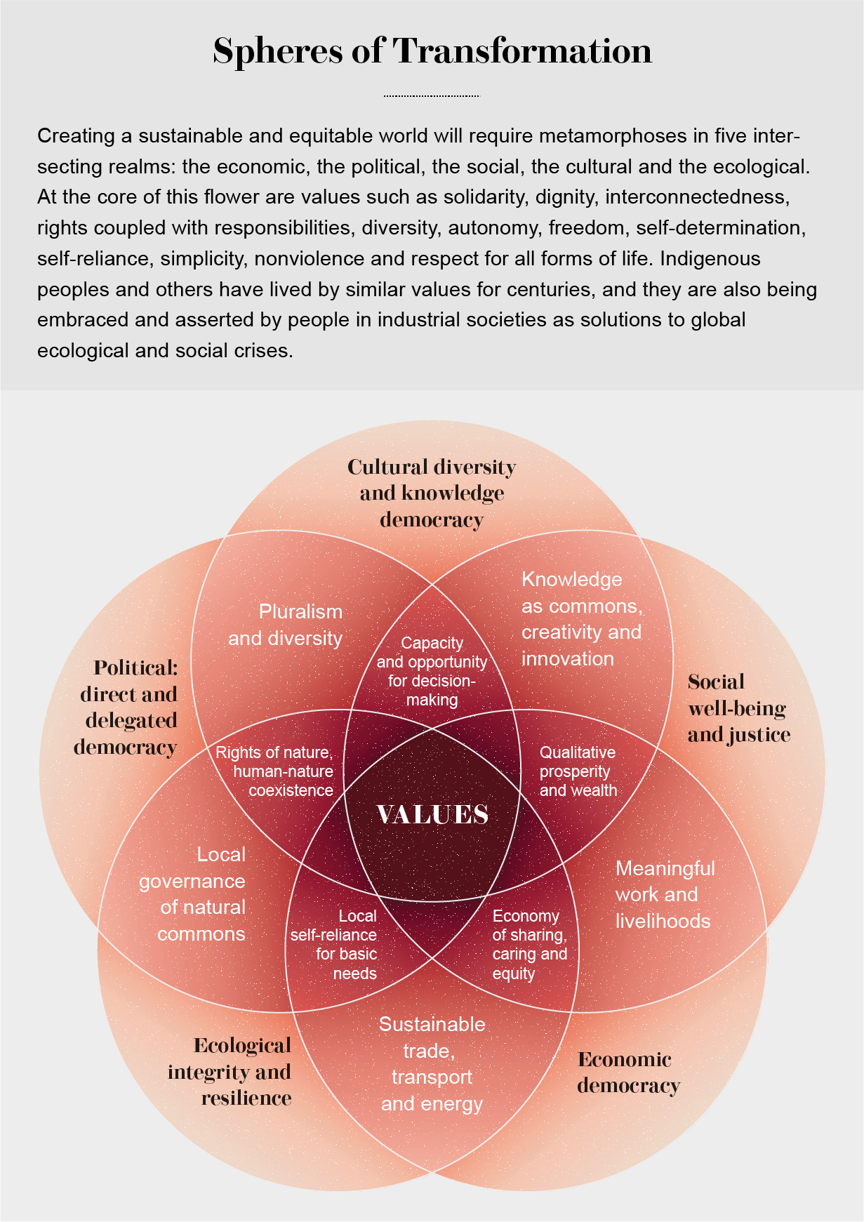 Five circles form a flower-shaped Venn diagram of intersecting realms: economic, political, social, cultural and ecological.