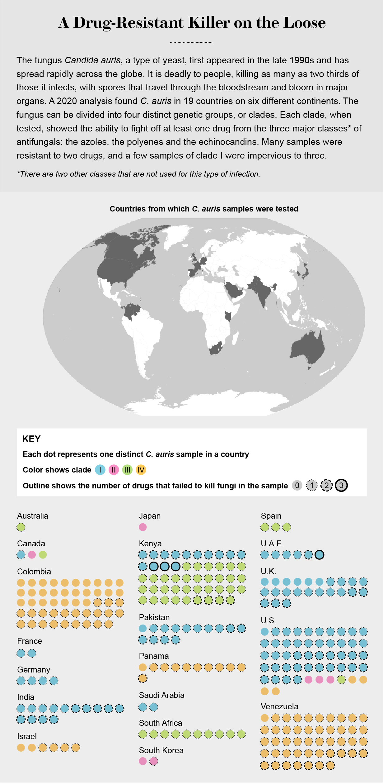 Graphic shows levels of drug resistance scientists found among samples of four clades of Candida auris from 19 countries.