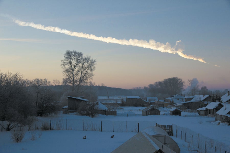 An asteroid the size of a house as it entered Earth's atmosphere and exploded over Chelyabinsk, Russia in 2013.