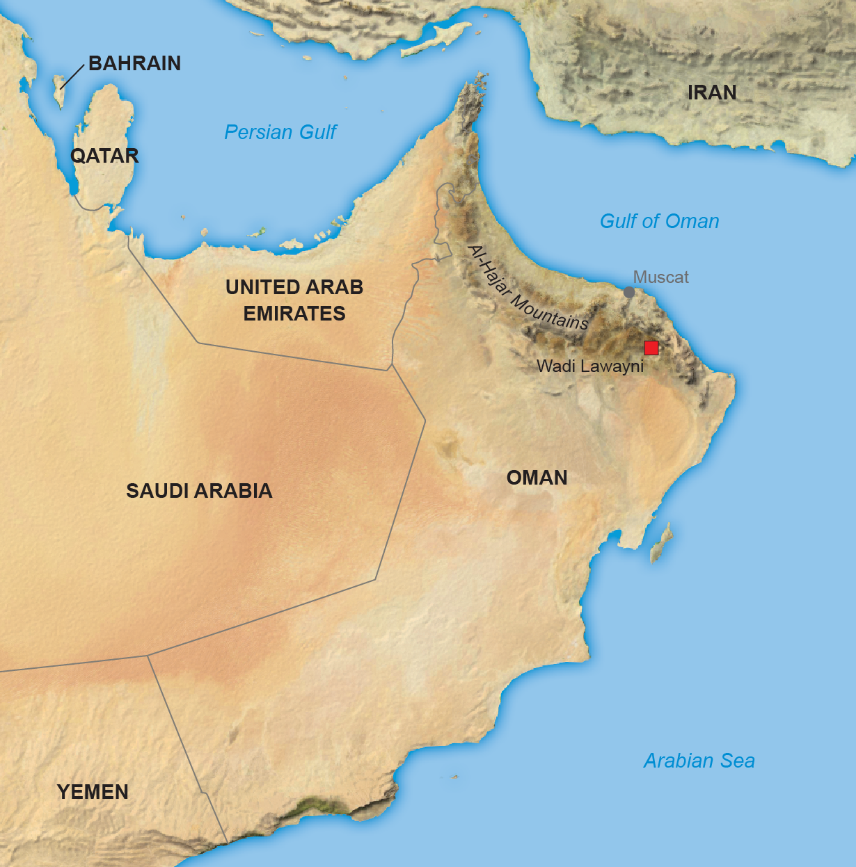 Map shows the location of the Wadi Lawayni desert and Al-Hajar mountain range in Oman.