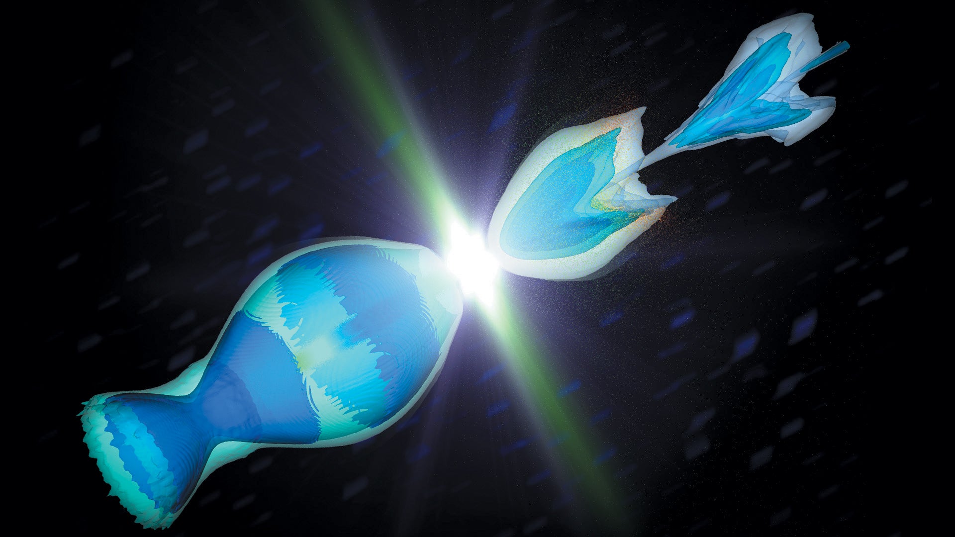 Electrons and positrons accelerated by plasma collide in this computer simulation of the advanced acceleration scheme.