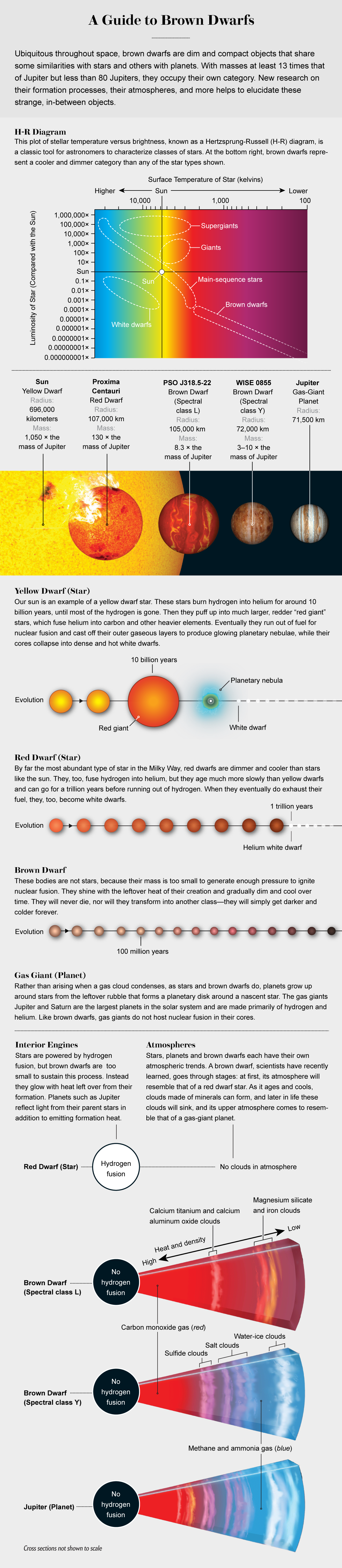 Graphic compares brown, yellow and red dwarfs and gas giants, highlighting attributes such as size, evolution and atmosphere.