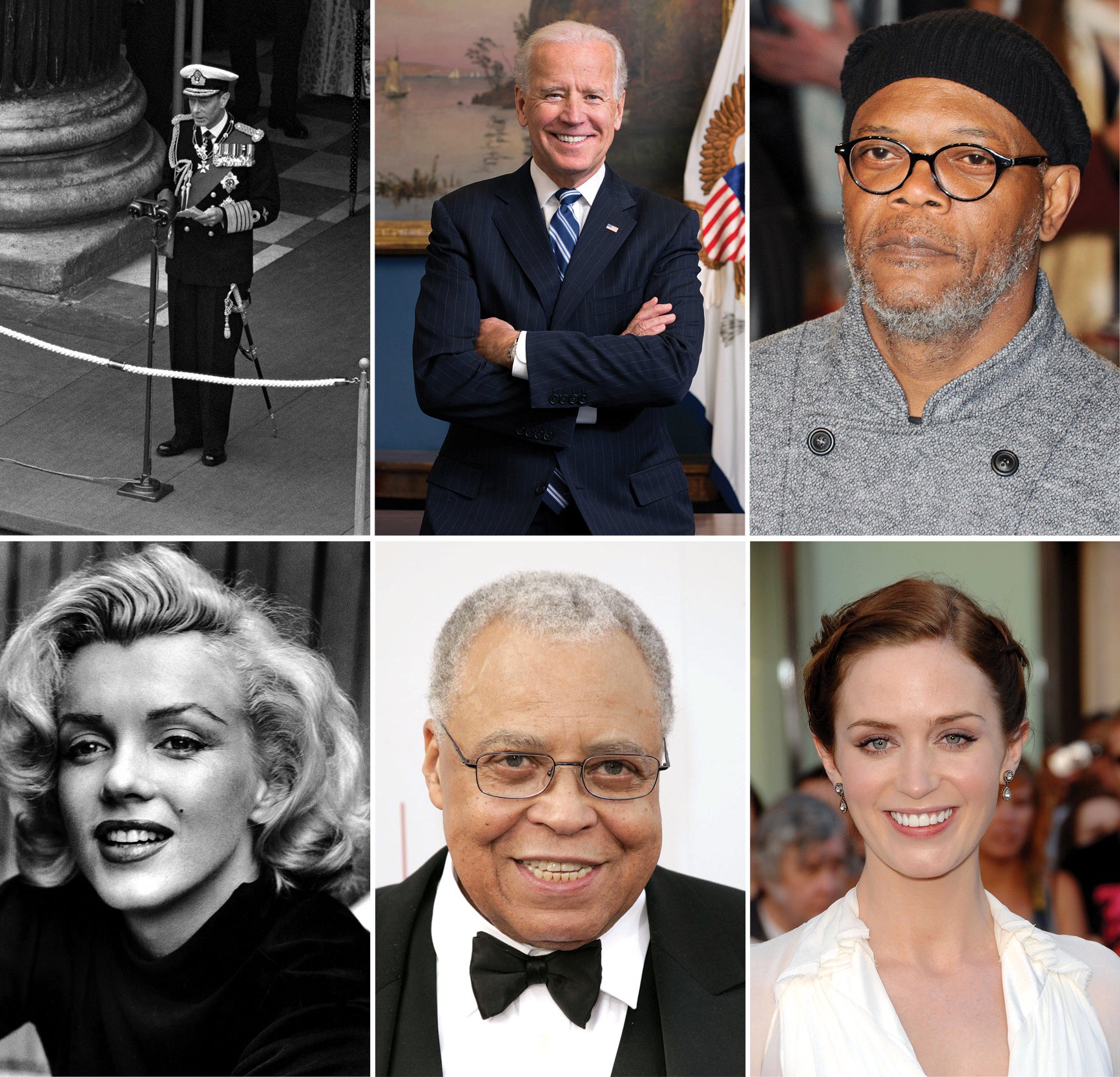 King George VI of England, U.S. President Joe Biden, Samuel L. Jackson, Marilyn Monroe, James Earl Jones and Emily Blunt.