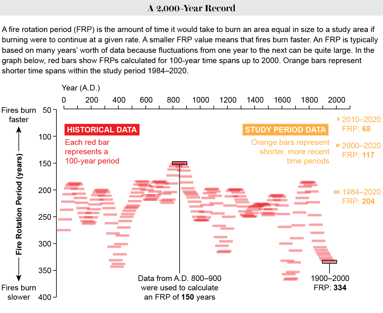 Graph shows fire rotation periods for 100-year intervals between 50 B.C. and 2000, plus FRPs based on data from 1984 to 2020.