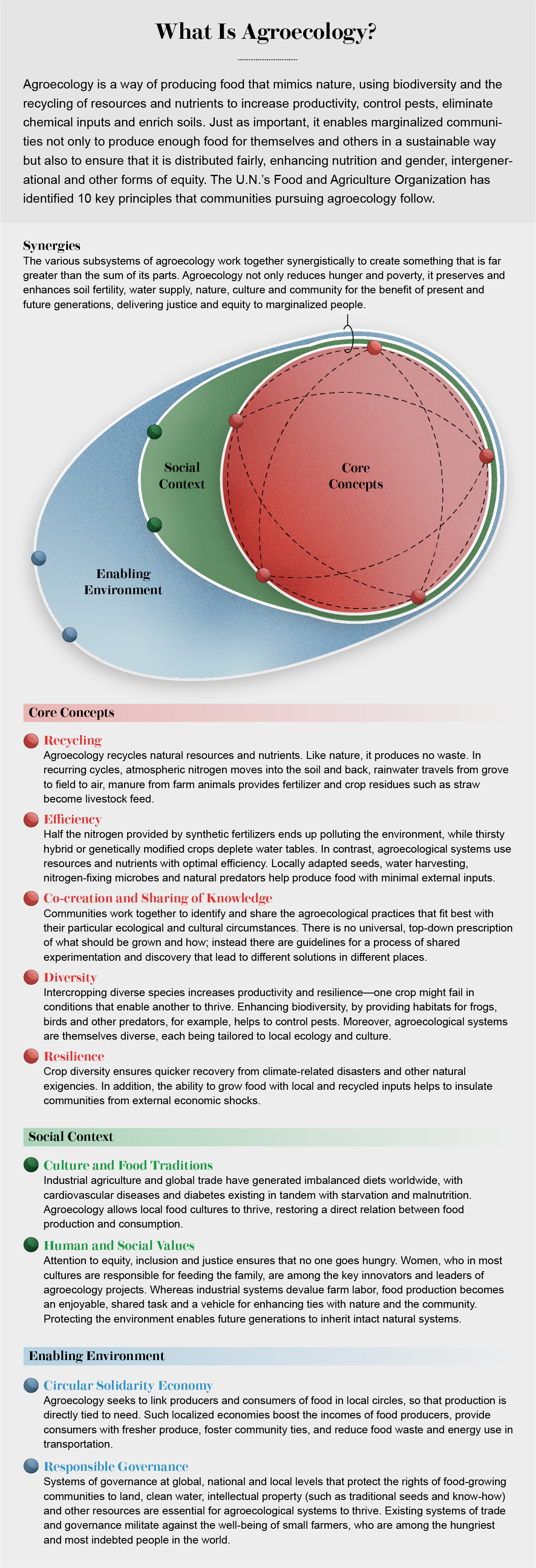 The 10 elements of agroecology are presented in 3 nested orbs: core concepts, social context and an enabling environment.