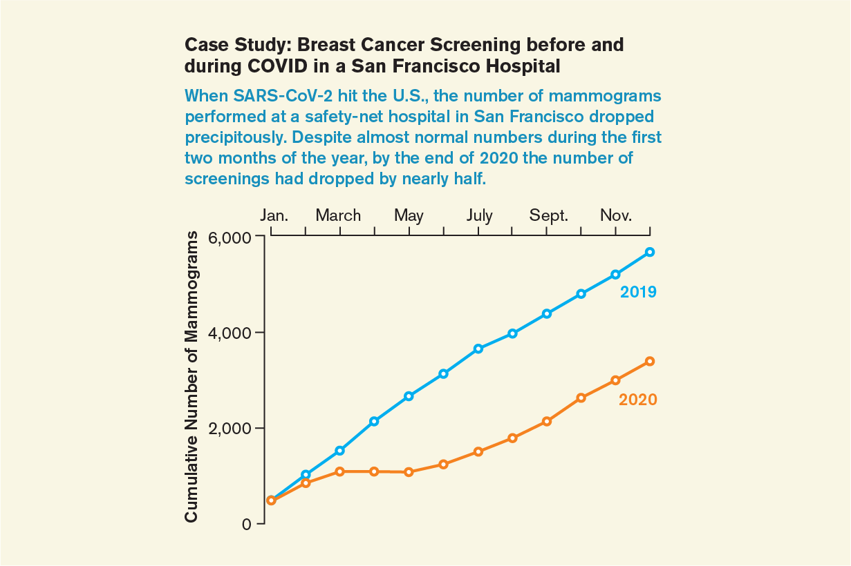 Line chart shows the number of breast cancer screenings performed each month at a San Francisco hospital in 2019 and 2020.