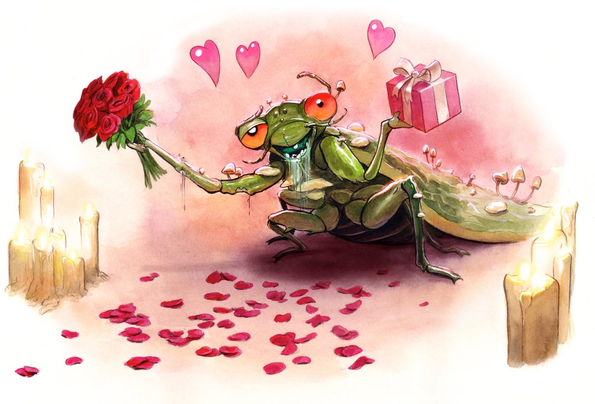 Zombie cicada holding red flowers and a pink gift box.