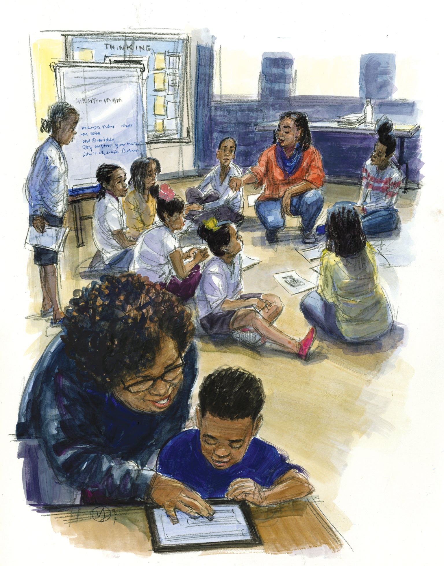 Classroom full of black children art concept.