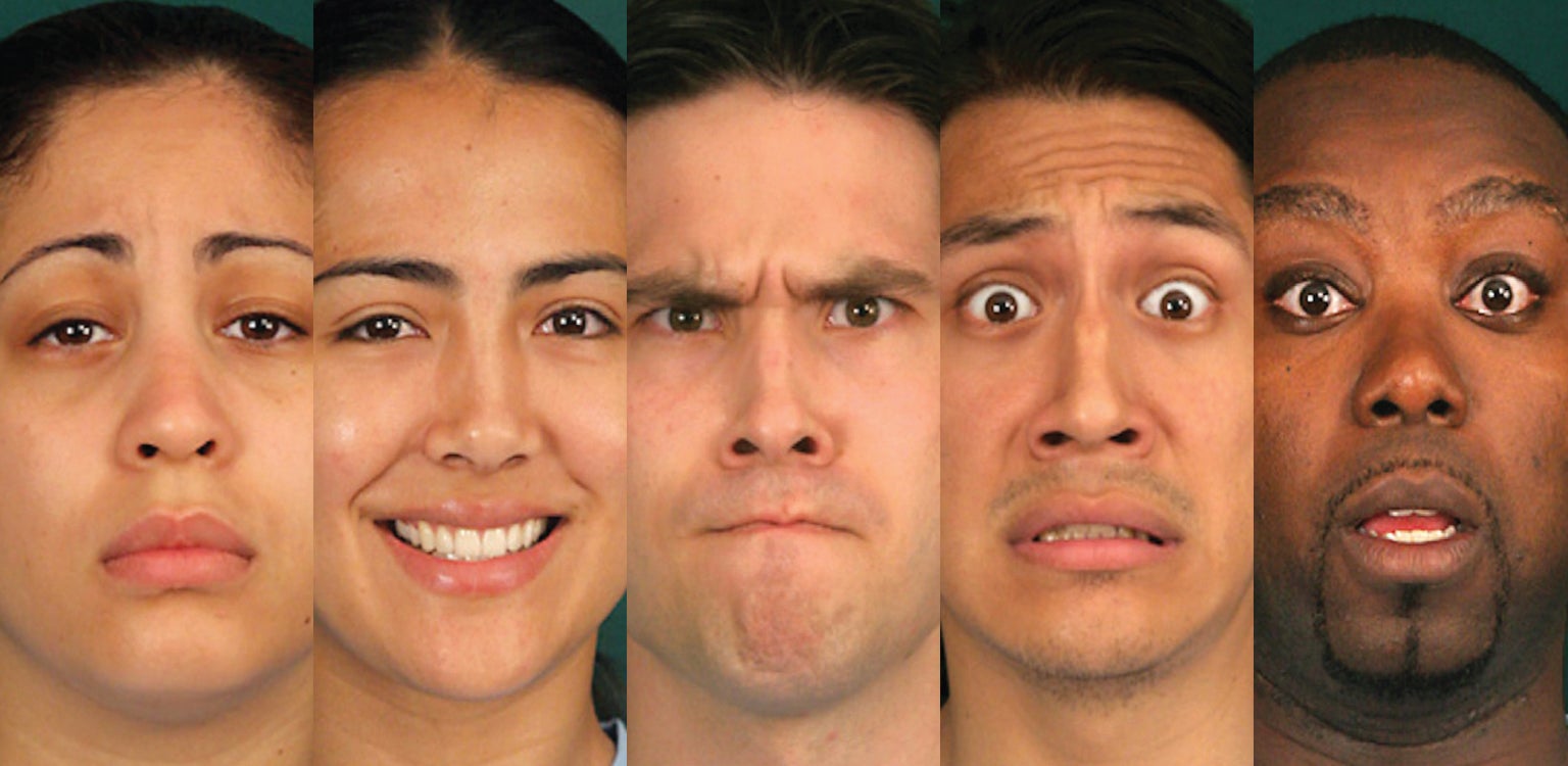 Five people of different ethnicities and gender showing different emotions.