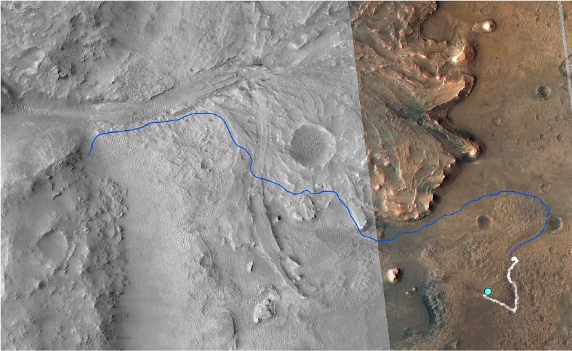 An annotated satellite image of Jezero Crater.