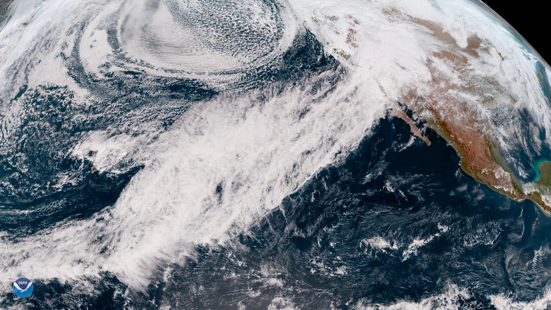 A 2019 atmospheric river drenches California with heavy rain and mountain snow.