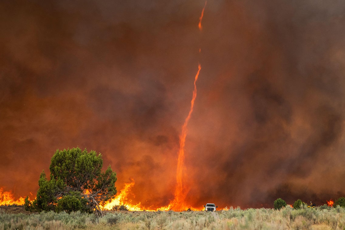 A firenado rises out of intense flames at the Pine Gulch Fire.