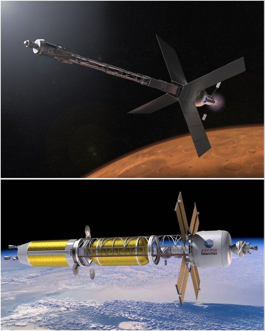 Two illustrations of NASA nuclear propulsion concepts. 