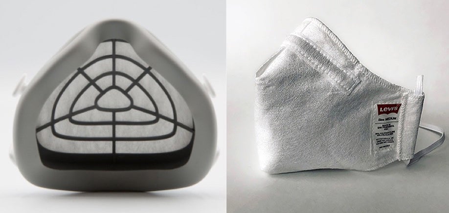 Some finalists innovated the process for fitting or making masks. Air Flo Labs uses 3-D scanning to ensure the FloMask (left) fits wearers’ faces. Levi Strauss developed a mask (right) that can be produced by any garment manufacturer. 