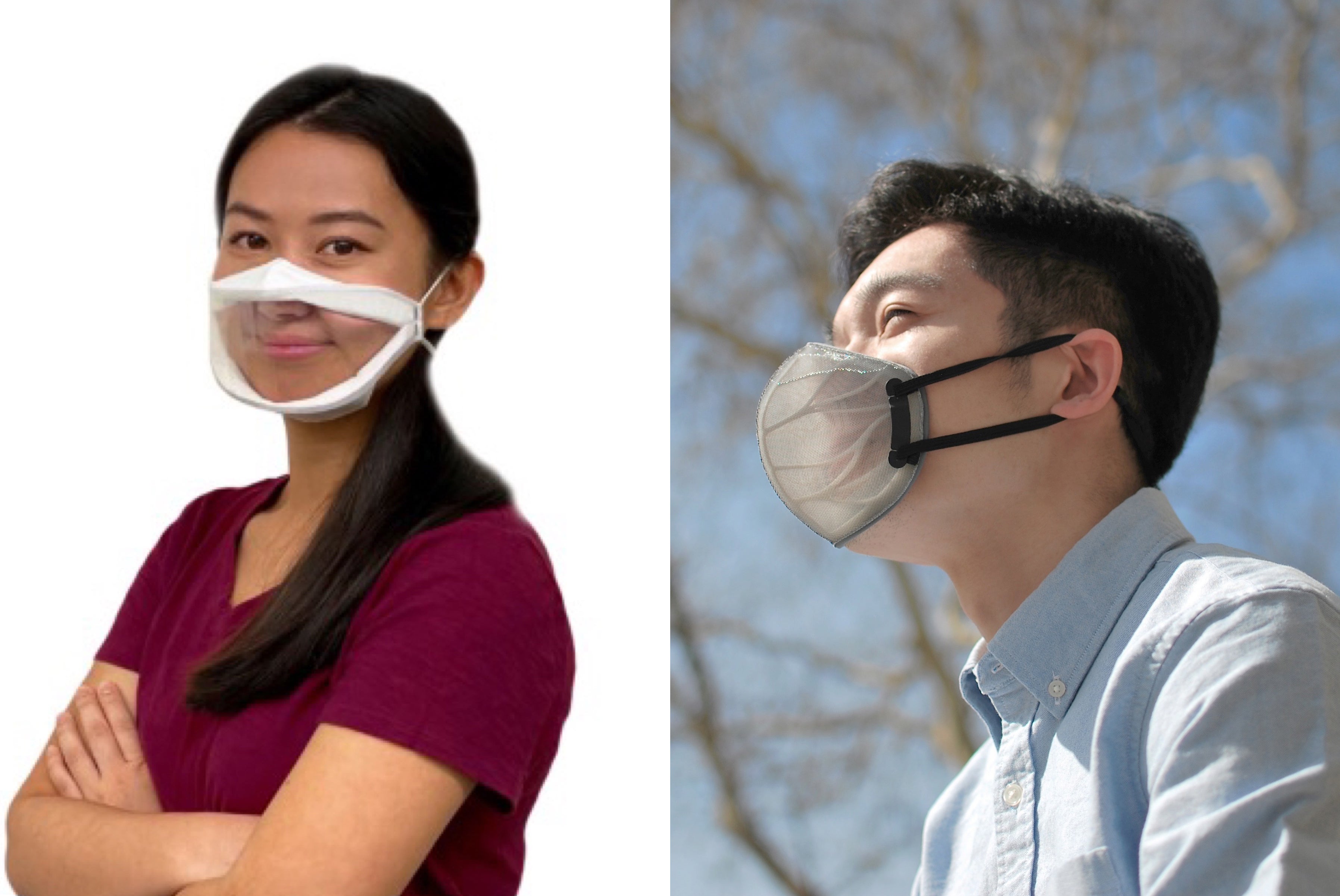 Several finalists, including ClearMask (left) and BreSafe (right) have created transparent or semi-transparent face coverings that make facial expressions easier to read without sacrificing filtration.