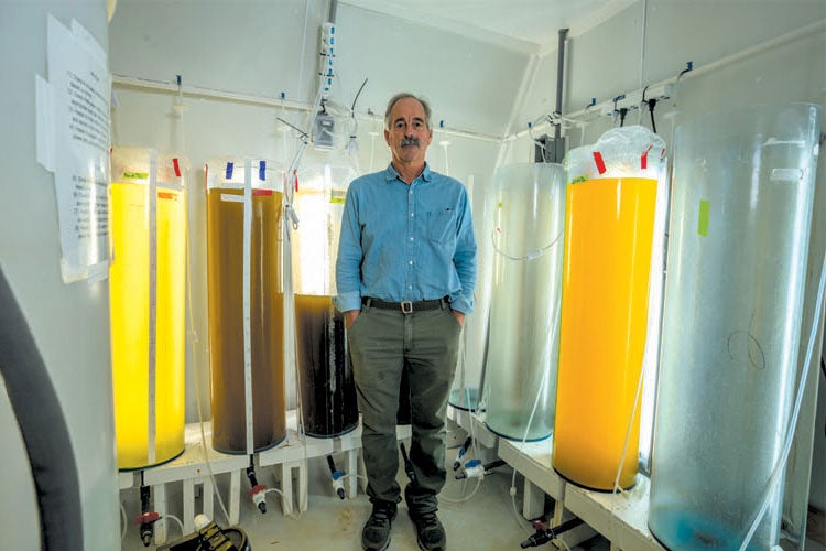 Bill Mook standing in a lab surrounded by tanks.