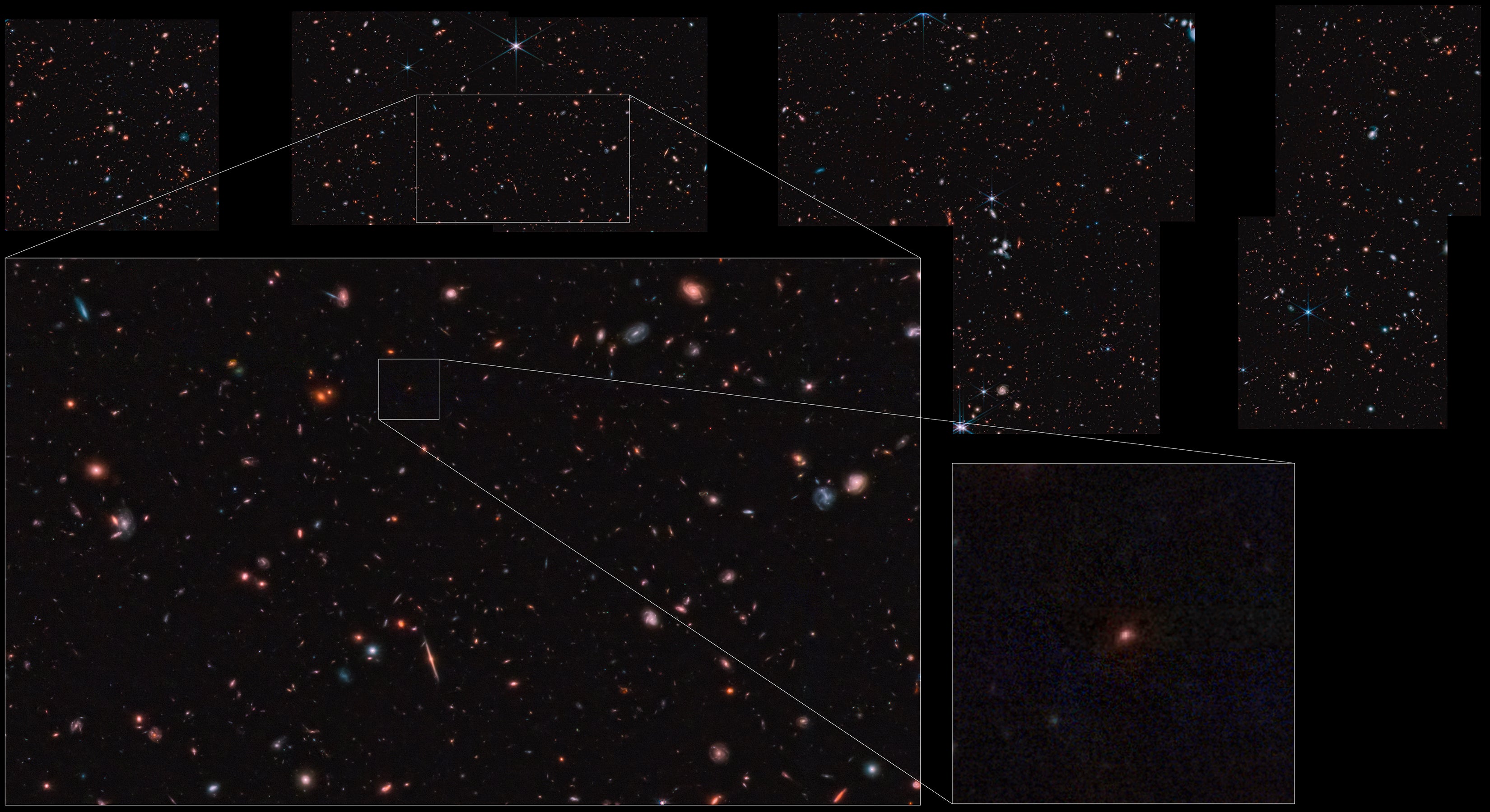 This small reddish clump (in the square box at lower right) may be one of the earliest galaxies ever observed, appearing less than 400 million years after the big bang. Found in JWST observations gathered by the CEERS collaboration, it has been dubbed “Maisie’s galaxy” after the daughter of CEERS project leader Steven Finkelstein