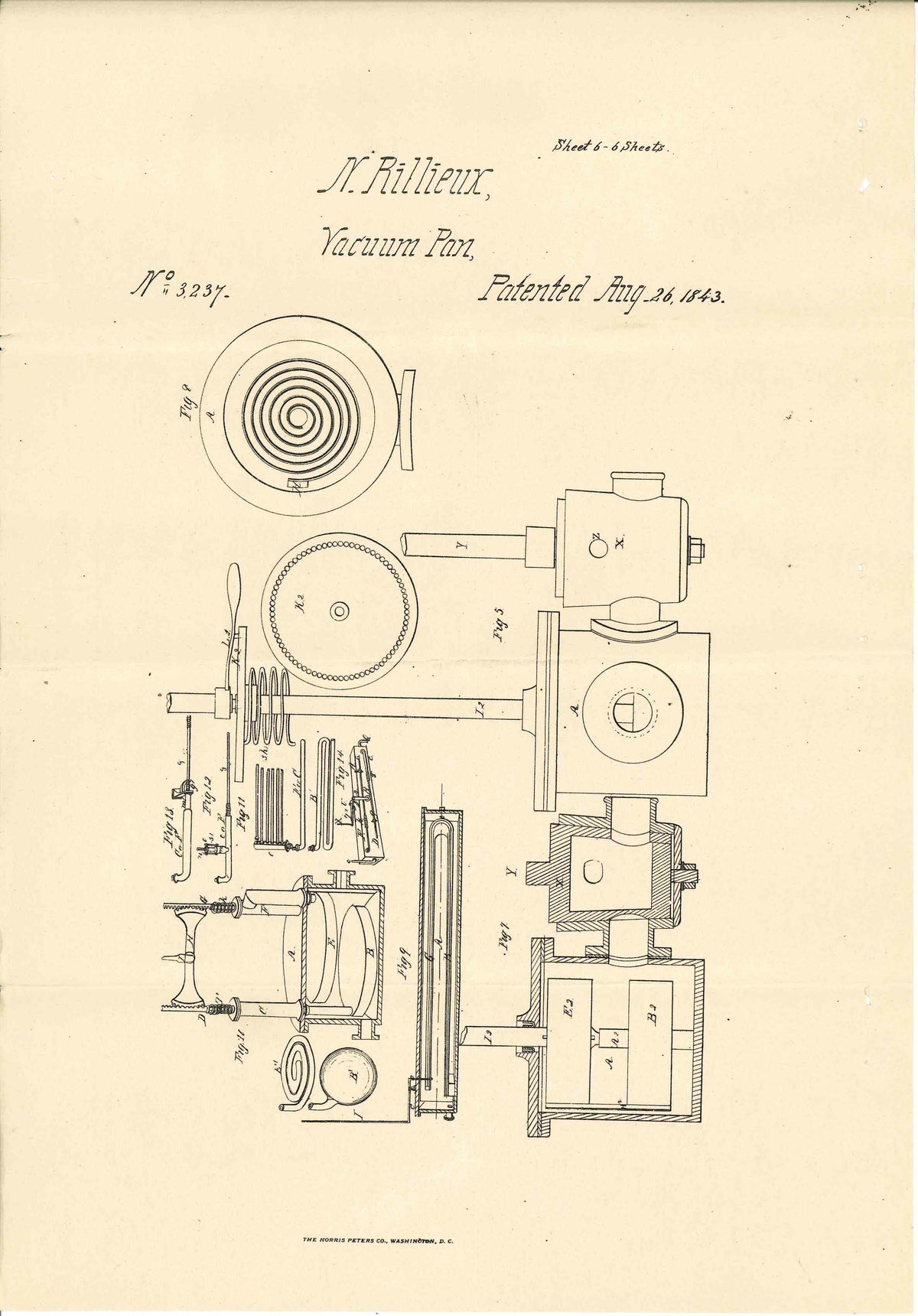 One of several patent drawings that Norbert Rillieux sent to the Patent Office