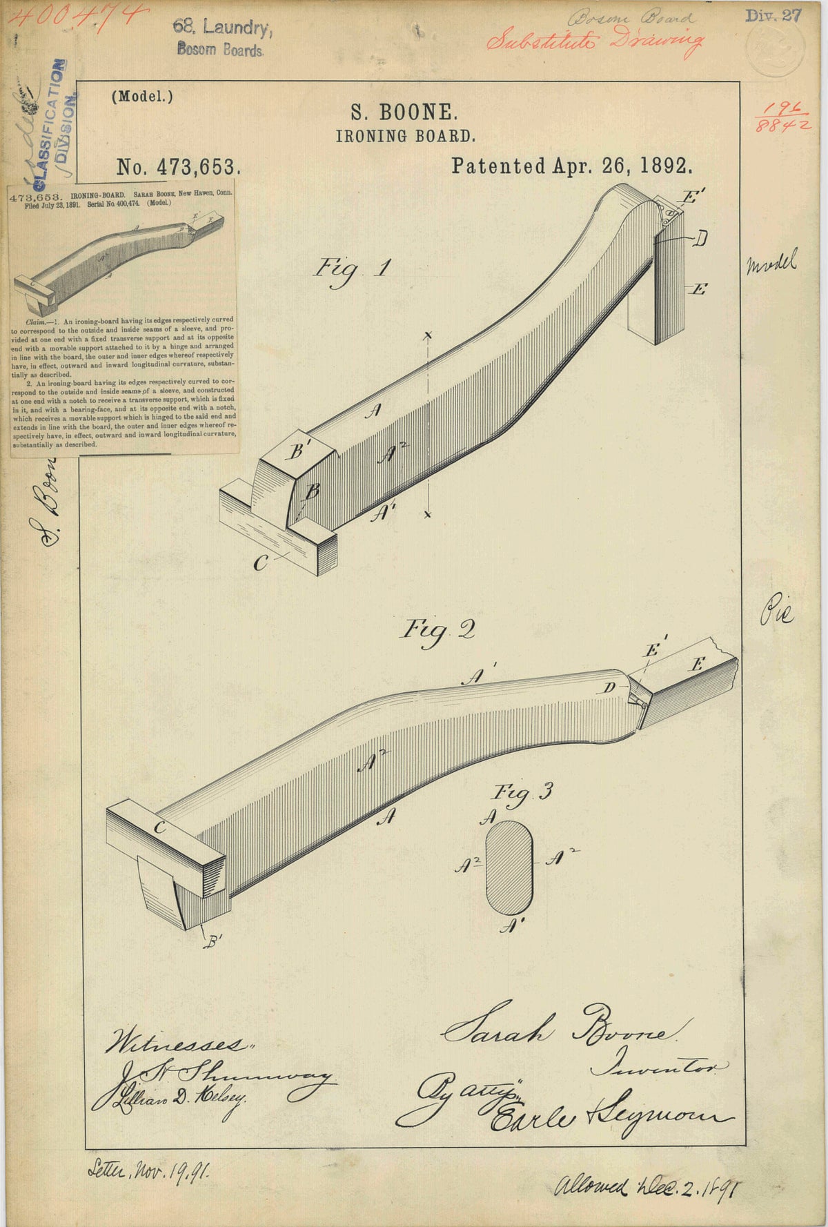 Patent drawing for Sarah Boone's ironing board.