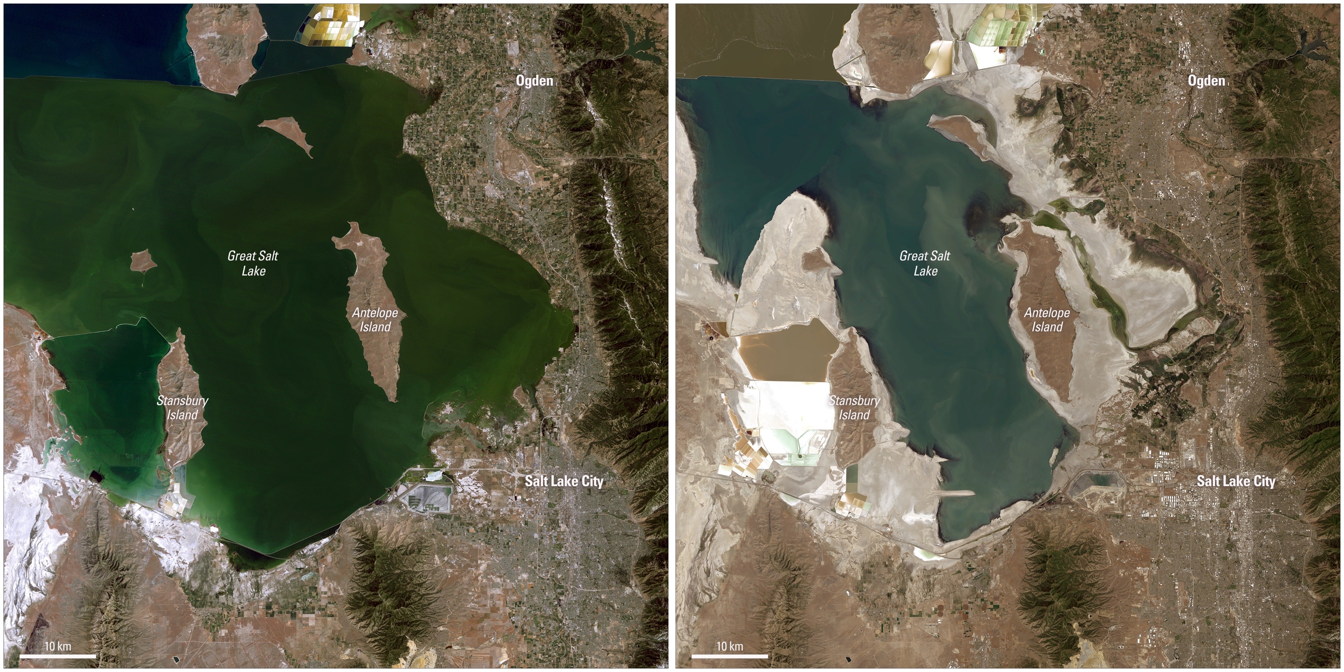 Images from Landsat satellites showing changes to the Great Salt Lake in 1986 and 2022. 