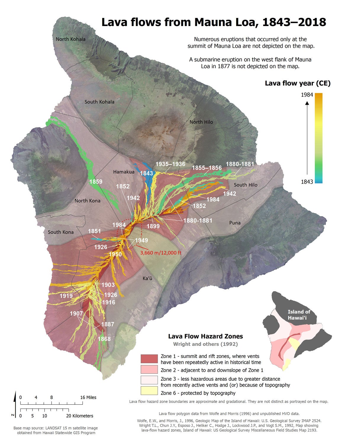 Map showing the subaerial extents of historic lava flows from Mauna Loa.