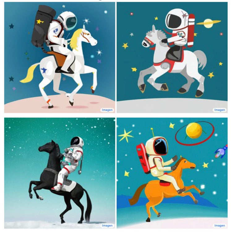 Four panel illustrations of an astronaut riding a horse