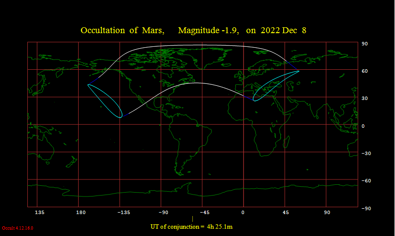 A map shows the visibility of the lunar occultation of Mars on December 7, 2022.