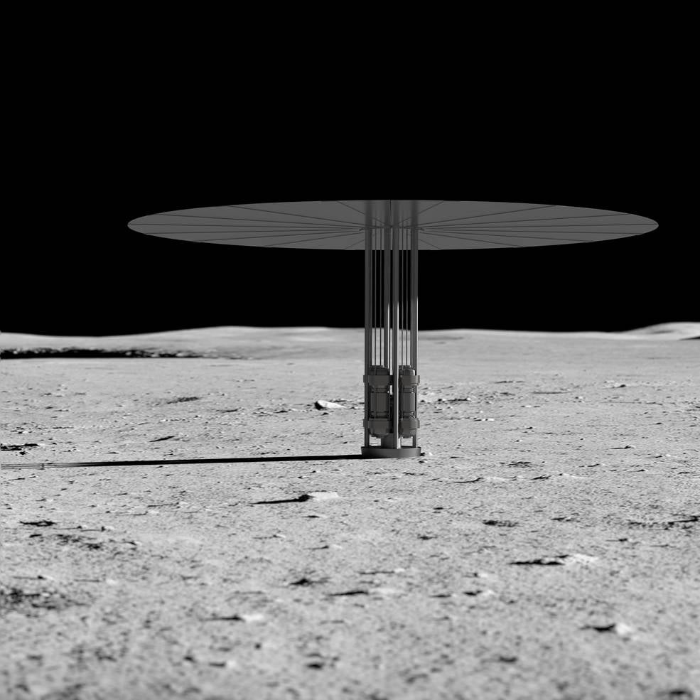 An illustration of a fission-based nuclear power system deployed on the lunar surface.