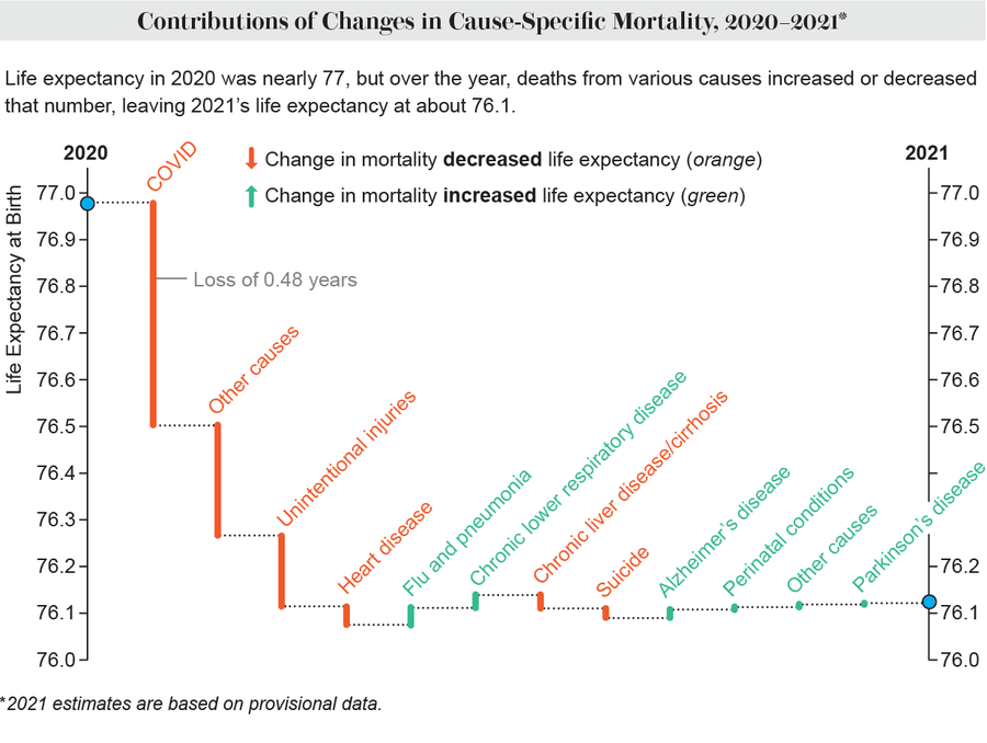 Chart shows how changes in mortality from various causes contributed to a net decrease in life expectancy from 2020 to 2021.