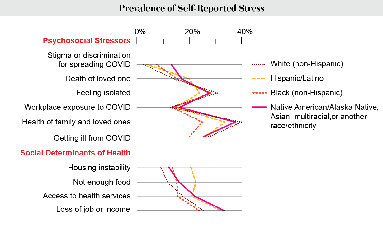 Chart shows prevalence of various types of self-reported stress in the U.S. by race and ethnicity in April and May 2020.