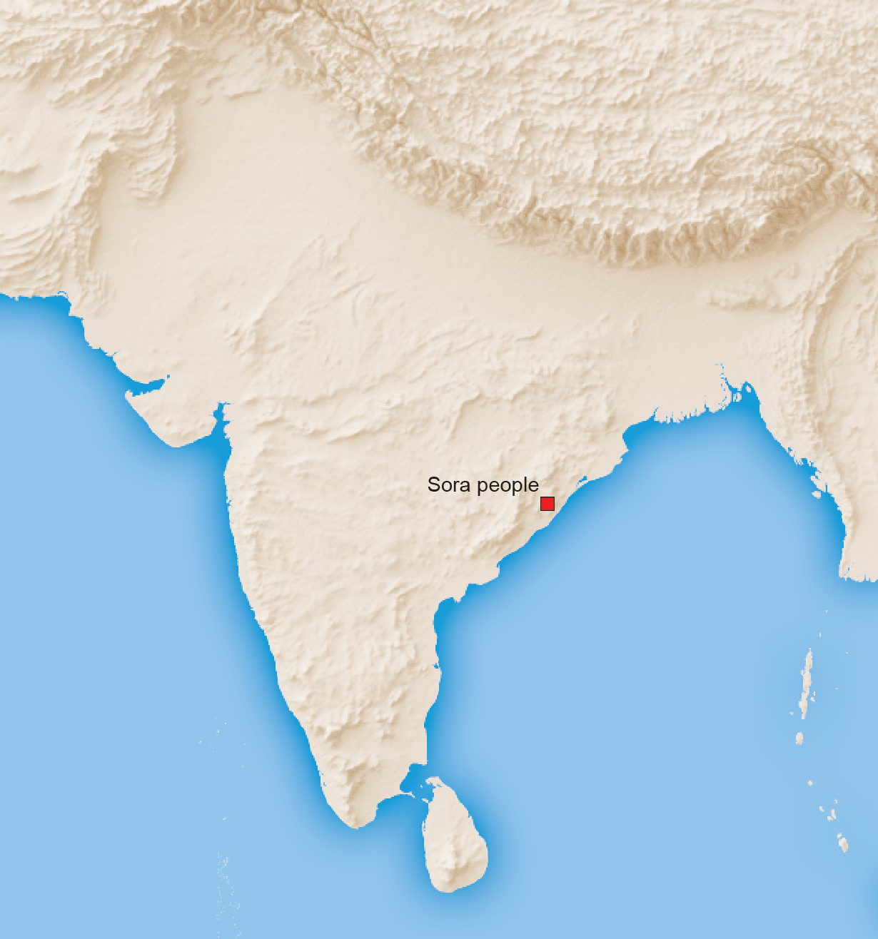 Map shows topography of the Indian subcontinent and marks location of the Sora people about halfway up the eastern coast.