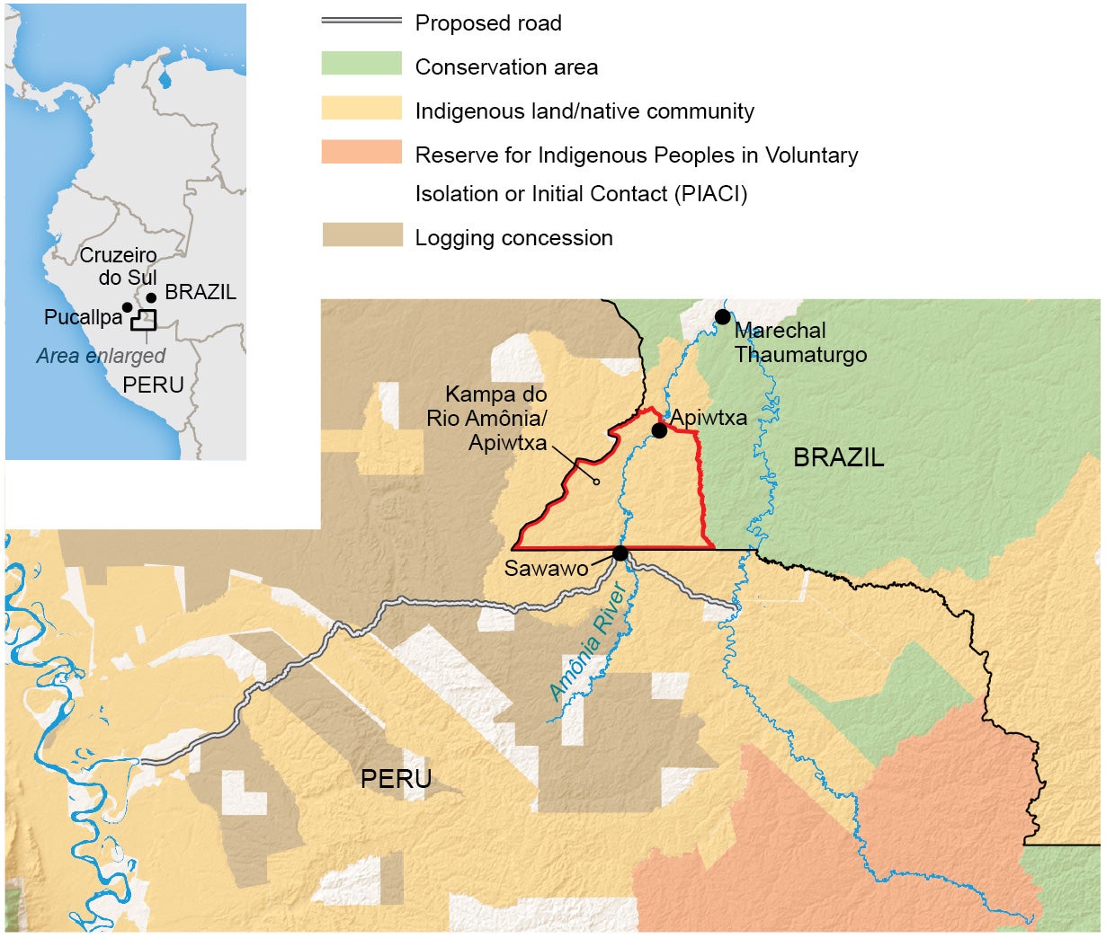 Map highlights borderland between Brazil and Peru where the Ashaninka live and route of the proposed logging road.