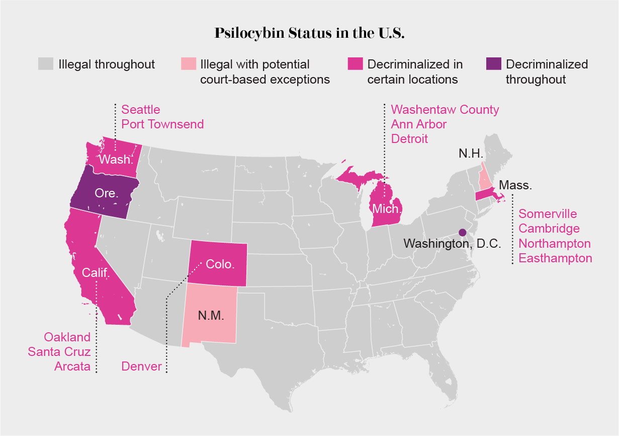 U.S. map highlights states where psilocybin is decriminalized either throughout, in certain locations, or in special cases.