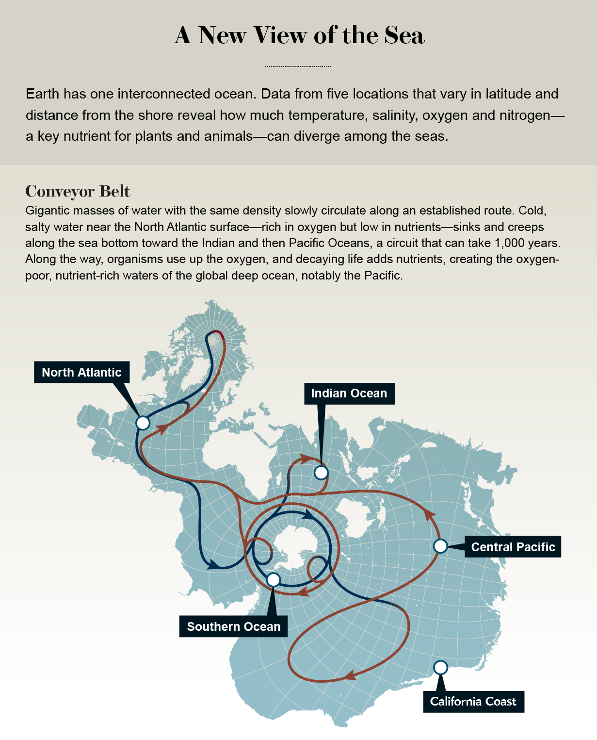 Spilhaus projection shows oceans as an interconnected system. Ocean conveyor belt and 5 data collection locations are labeled