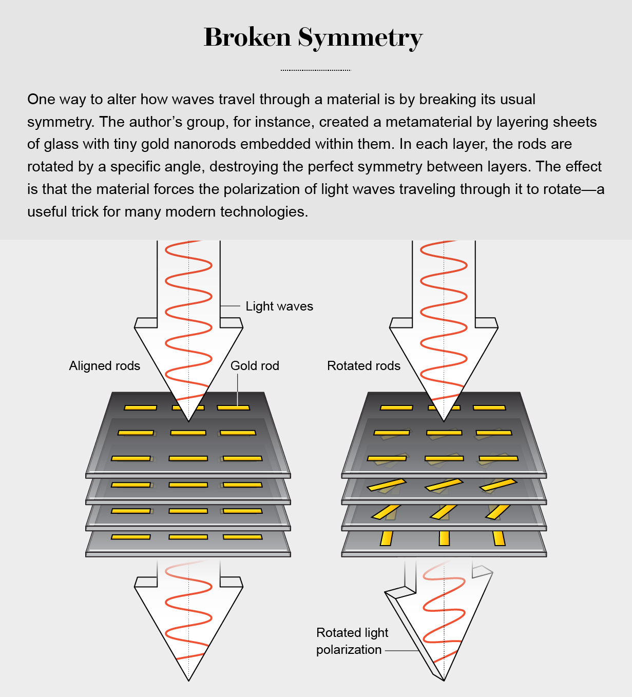 Drawings show straight movement of light through a material consisting of aligned rods and polarization from rotated rods.