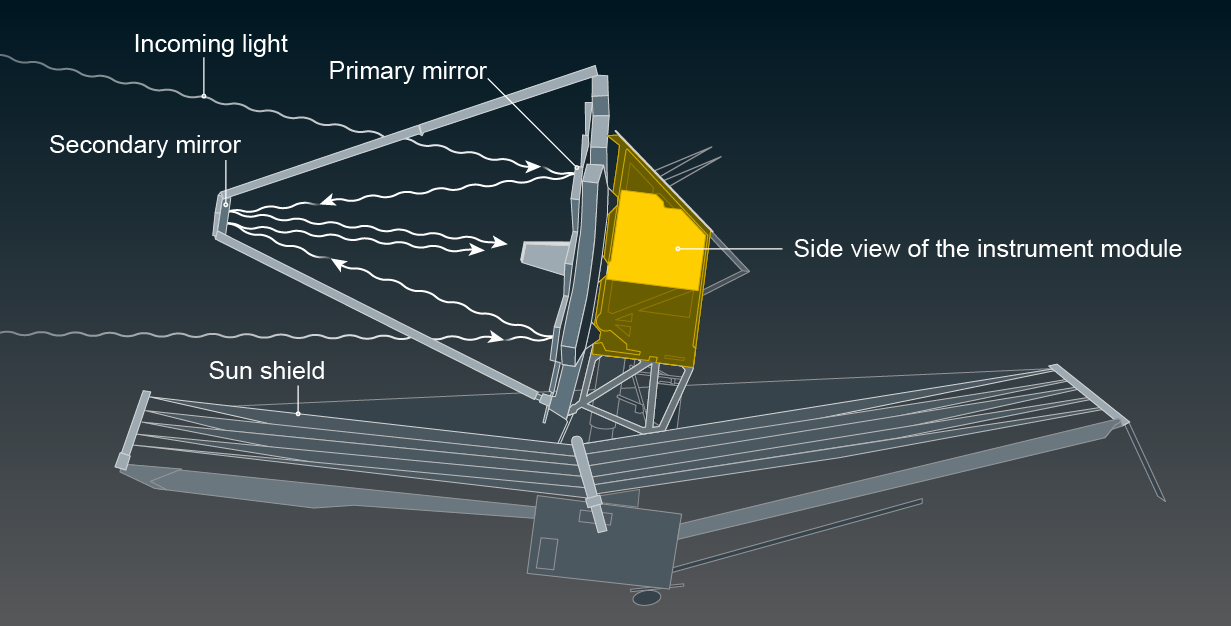 Side view of JWST shows the position of the instrument module, behind the primary mirror.