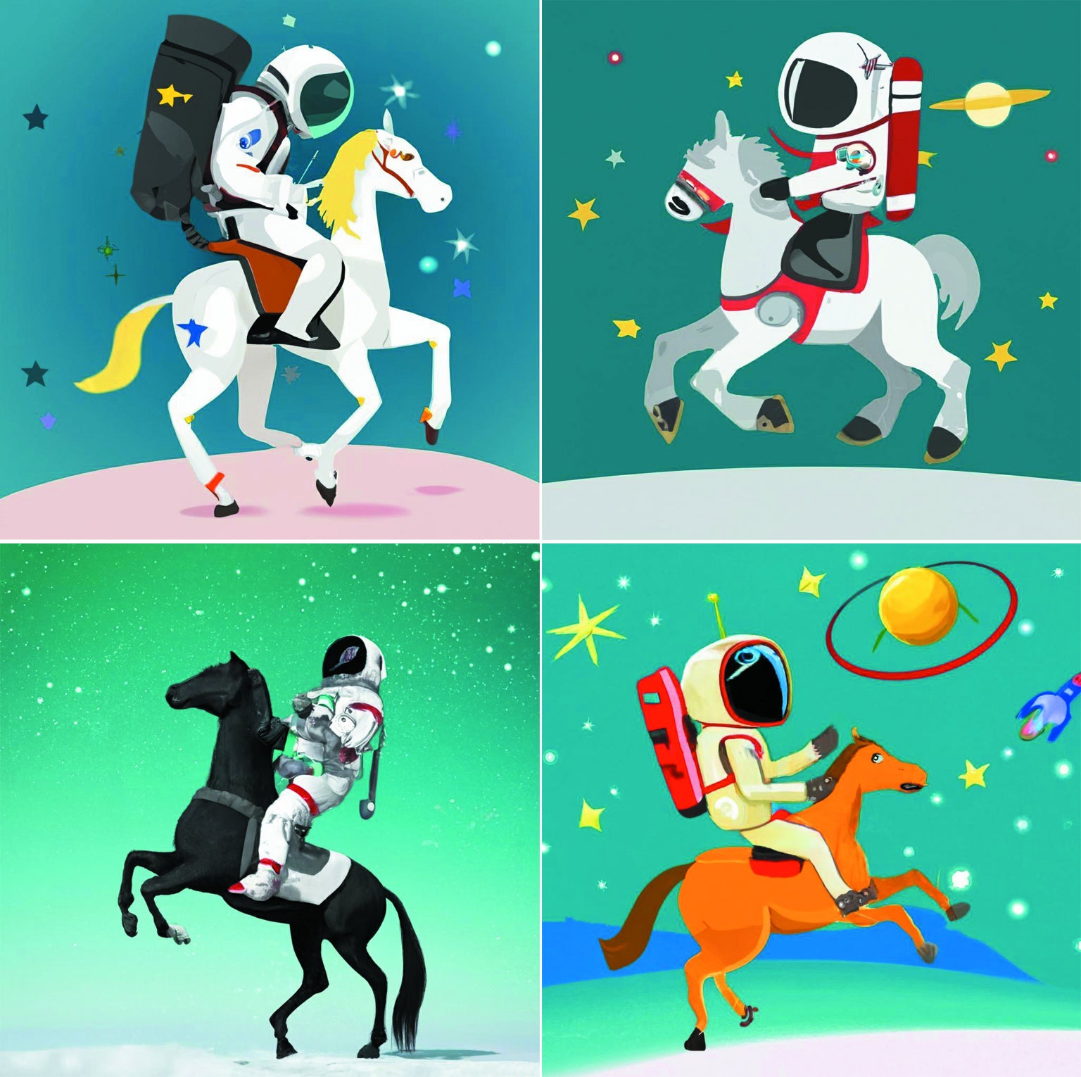Four panel illustrations of an astronaut riding a horse