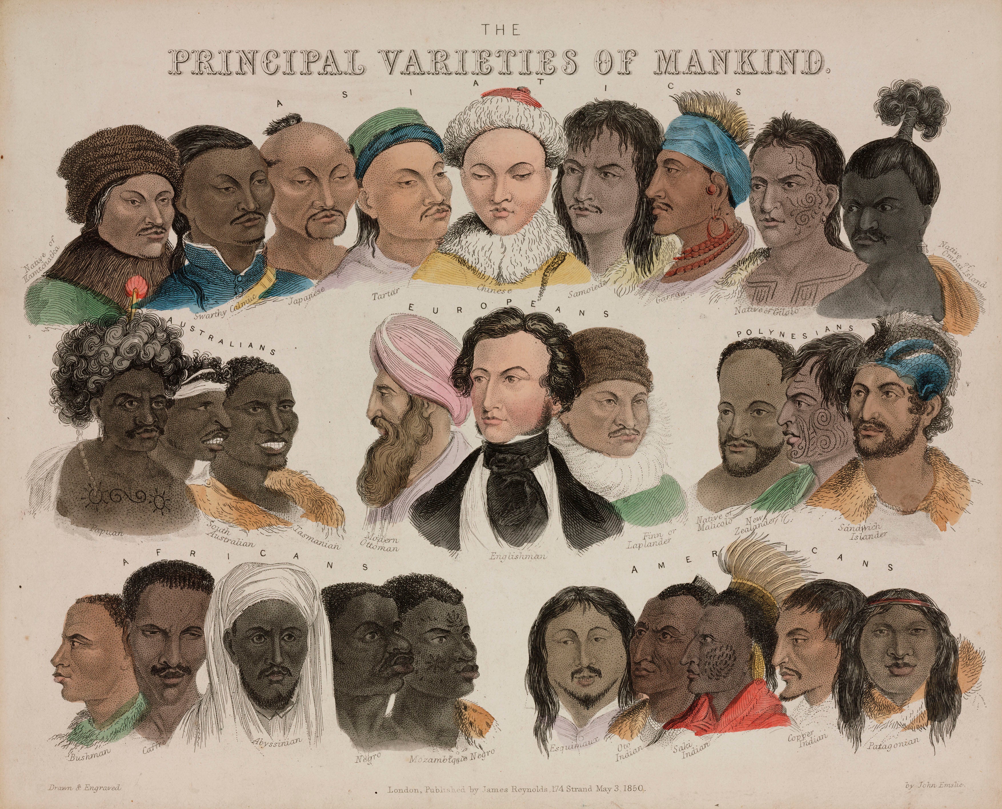 Portraits grouped under the headings: Asiatics, Australians, Europeans, Polynesians, Africans and Americans.