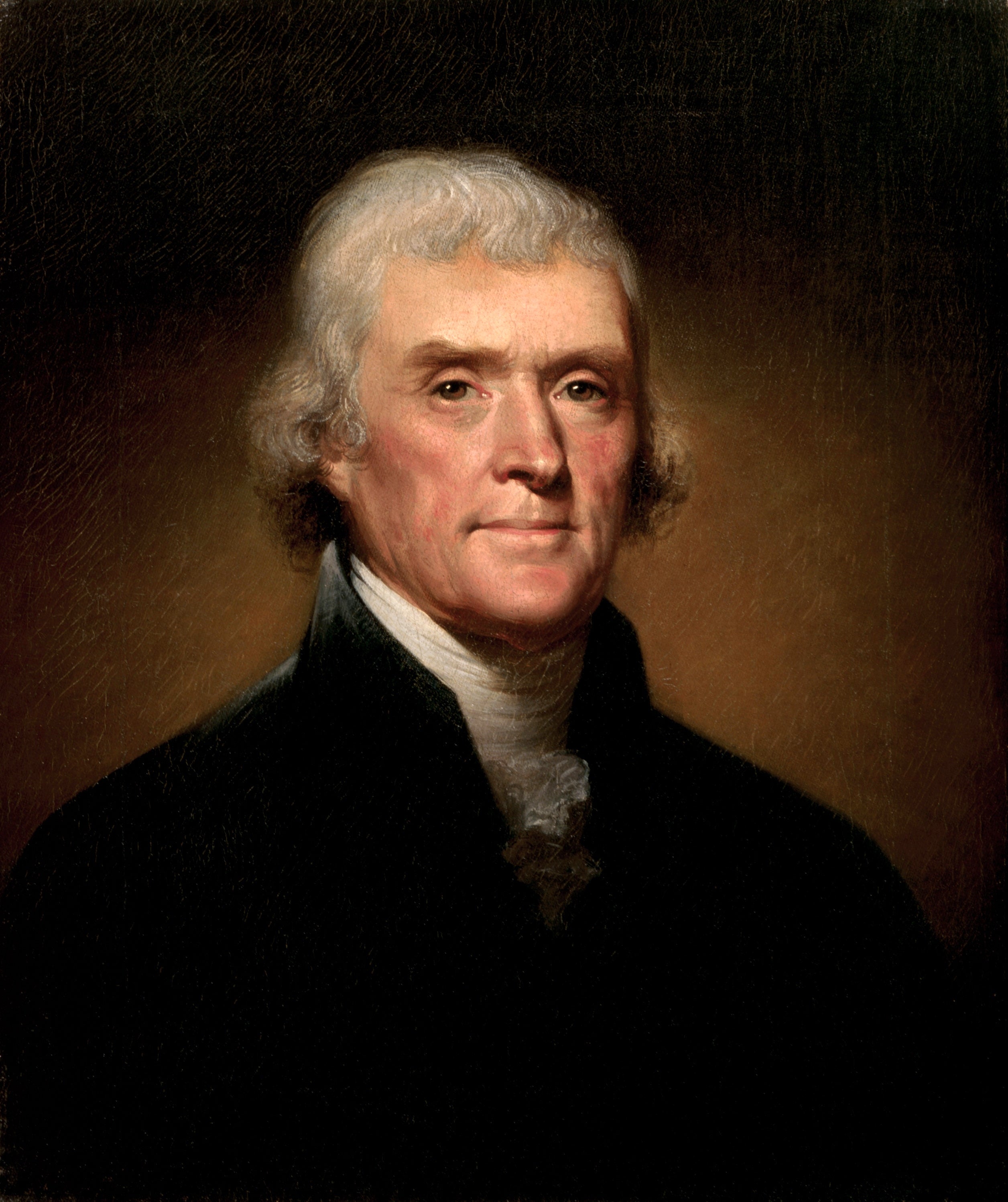 Thomas Jefferson portrait painting by Rembrandt Peale in black suit and white scarf.