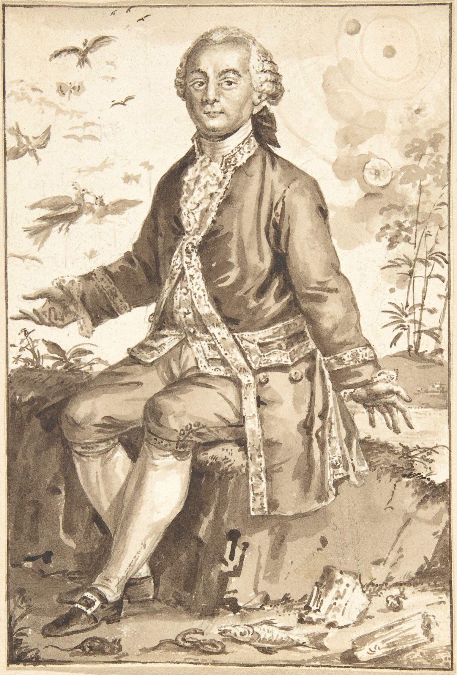 Portrait of naturalist Georges-Louis Leclerc de Buffon in yellow pastel seated with birds in the sky.